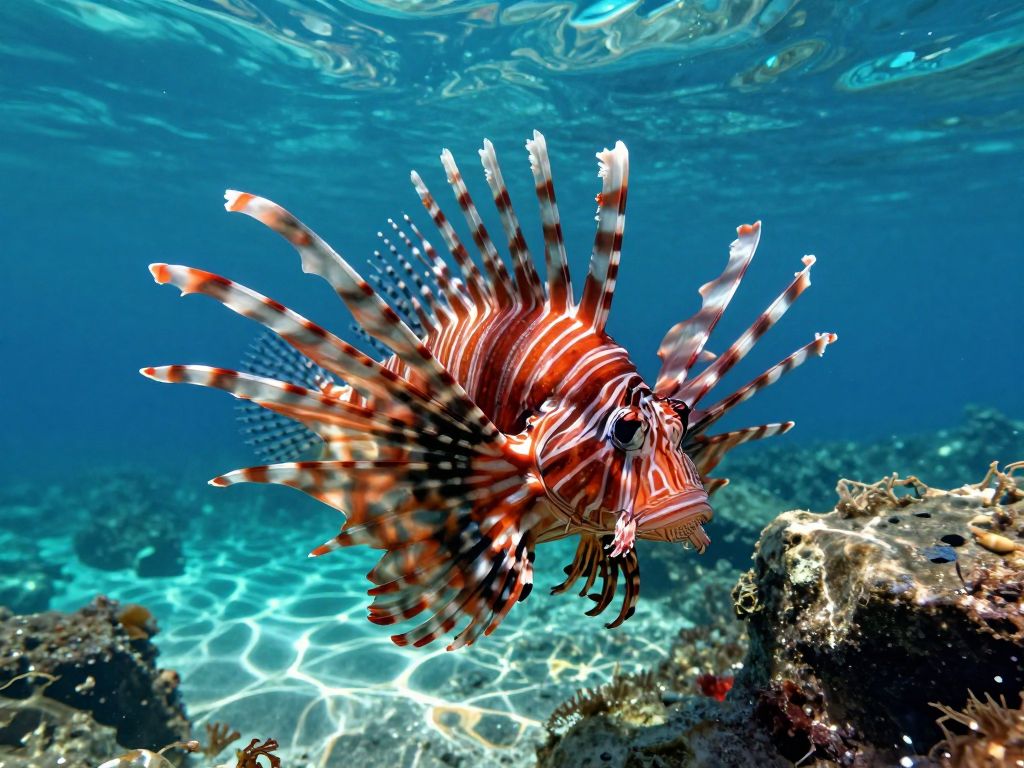 Venomous lionfish with extended dorsal spines hovering above cracked rocky Adriatic seabed in shallow turquoise water