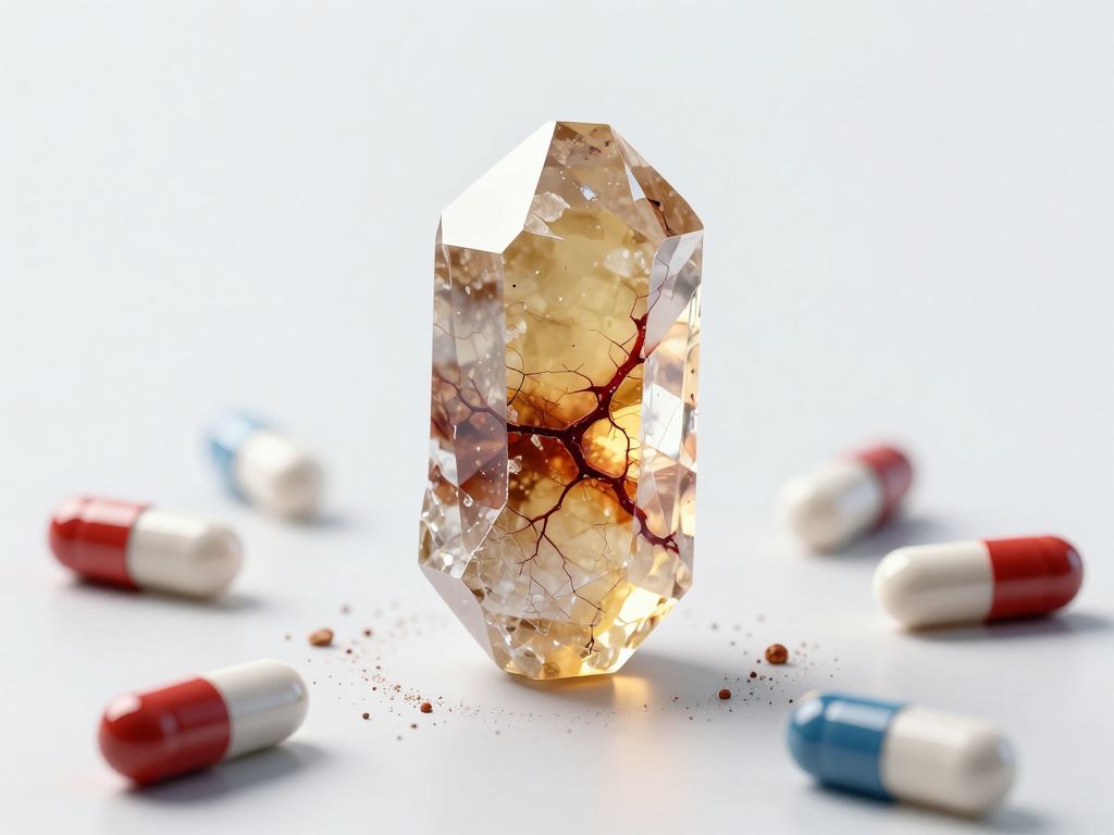 Jagged translucent kidney stone crystal surrounded by scattered colorful pill capsules and powder on a white clinical surface