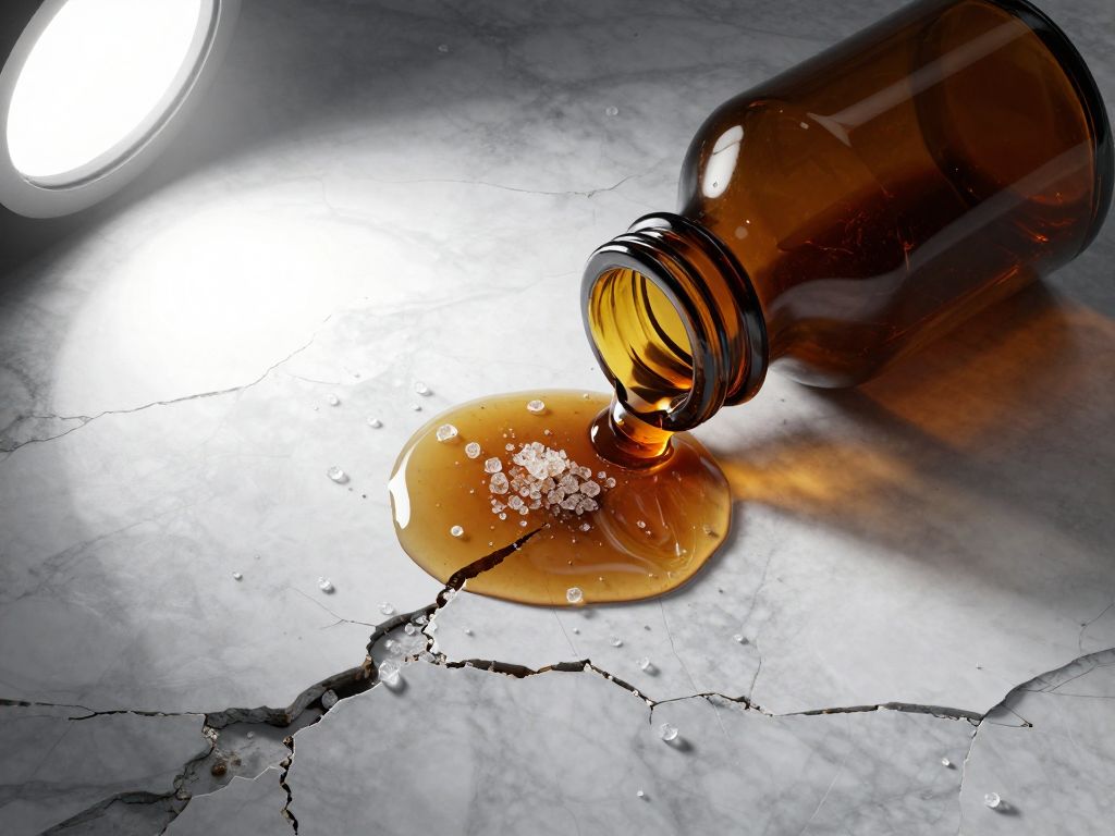 Cracked white marble stained with dark amber liquid, sugar crystals and oily residue spreading across fractured stone surface.