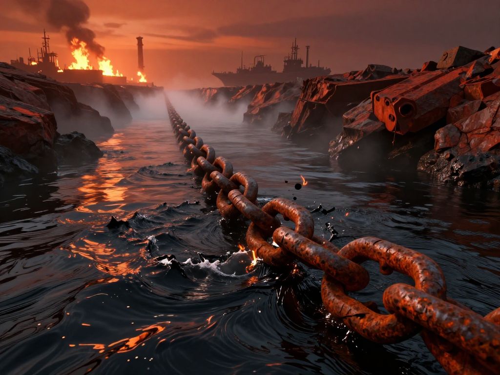 Broken rusted anchor chain snapping over oil-dark churning strait water, distant refinery fires glowing orange on horizon at dusk.