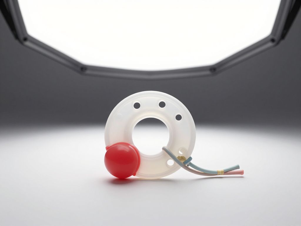 Silicone disc teether with colorful dangling strings on white surface, one string cut and lying separately beside it.
