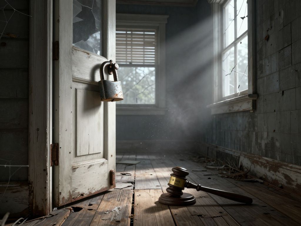 Rusted open padlock on rotting wooden door frame inside abandoned decayed house with peeling walls and cracked floorboards