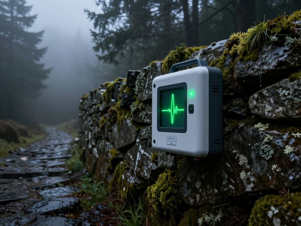 AED defibrillator on mossy stone wall beside misty mountain waterfall trail, green light glowing in grey drizzle