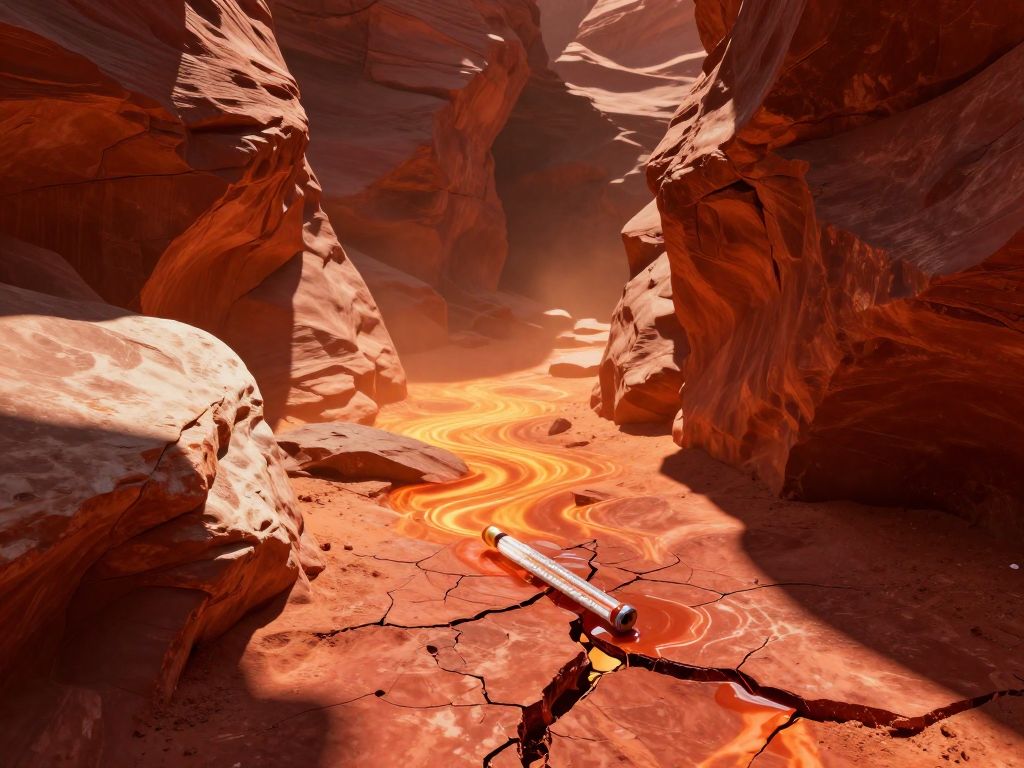 Cracked red sandstone canyon floor baking under intense sun, shattered thermometer on rock with heat shimmer rising.