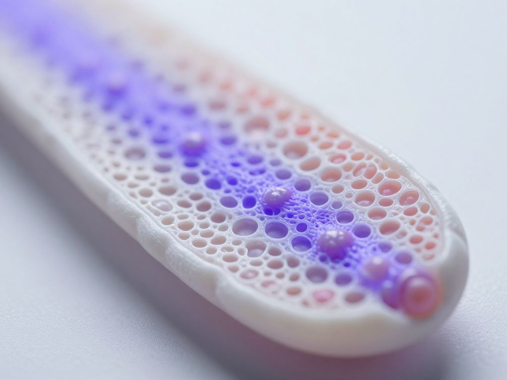 Microscopic cross-section of depigmented skin cells struck by a sharp UV light beam on a clinical white surface