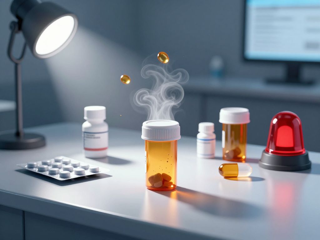 Prescription pill bottles and blister packs on a steel surface under amber inspection light with long shadows