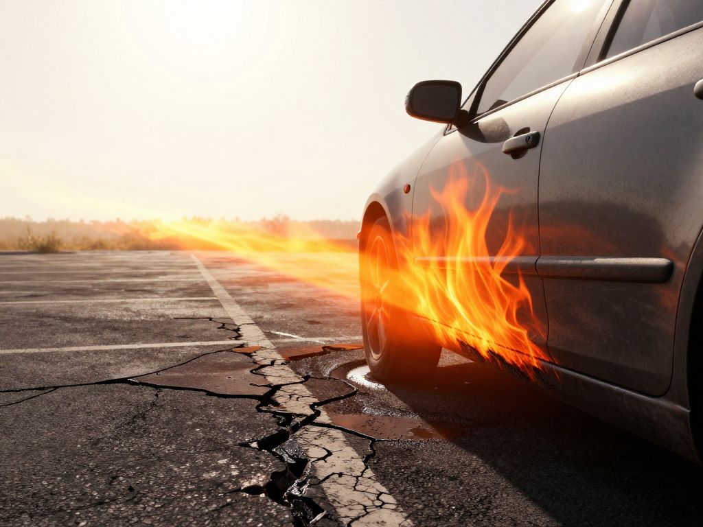 Cracked scorched asphalt parking lot under blinding white sky with heat shimmer rising from a parked car and dry yellowed grass.