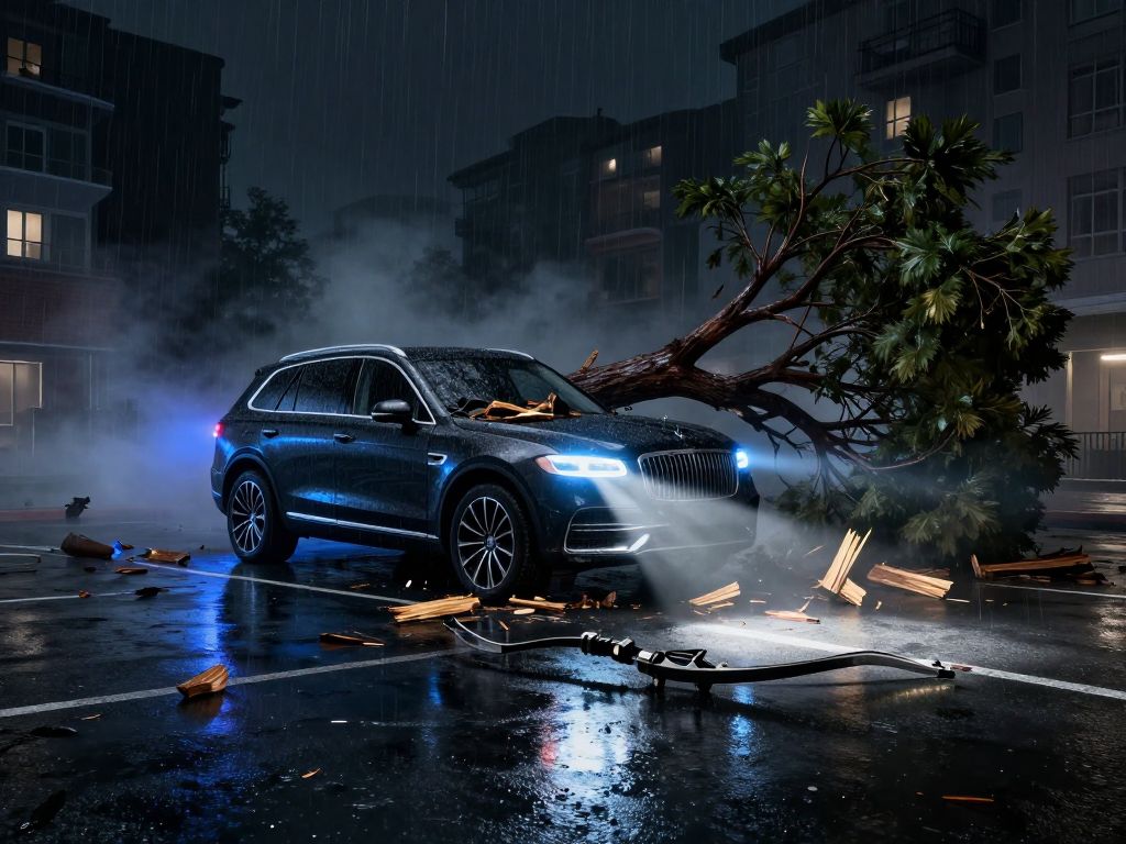 Fallen tree crushing dark SUV on wet nighttime parking lot, broken bow on glistening asphalt under cold blue emergency light