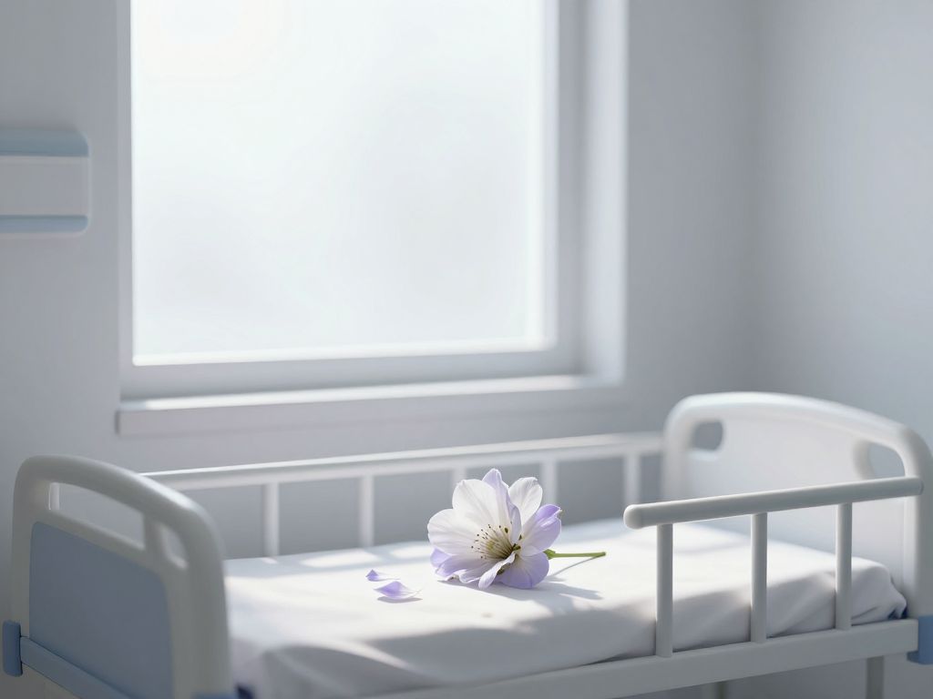 Wilting white flower with scattered petals on sterile white hospital crib sheets in soft diffused light