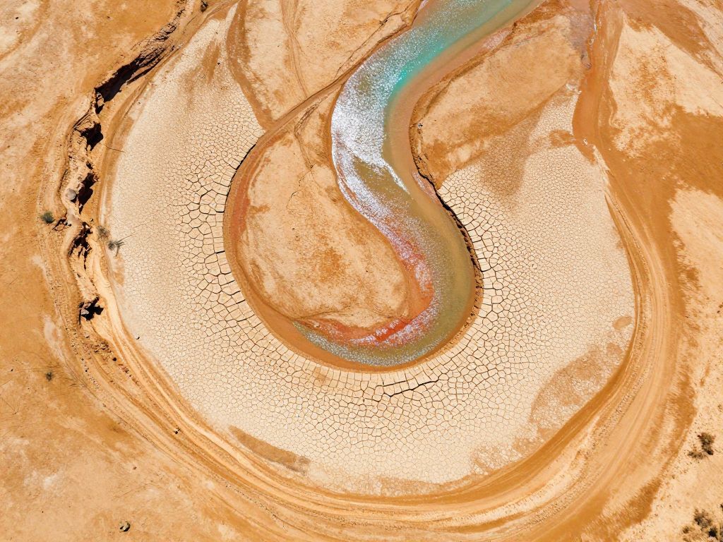 Aerial view of a winding river with critically low water surrounded by wide cracked dry clay banks baking under intense summer sun.