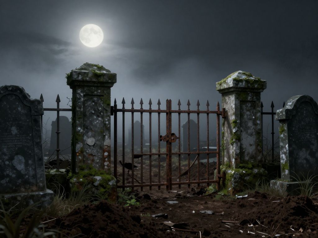 Rusted iron cemetery gate hanging open over disturbed soil mounds in a fog-covered abandoned graveyard at night