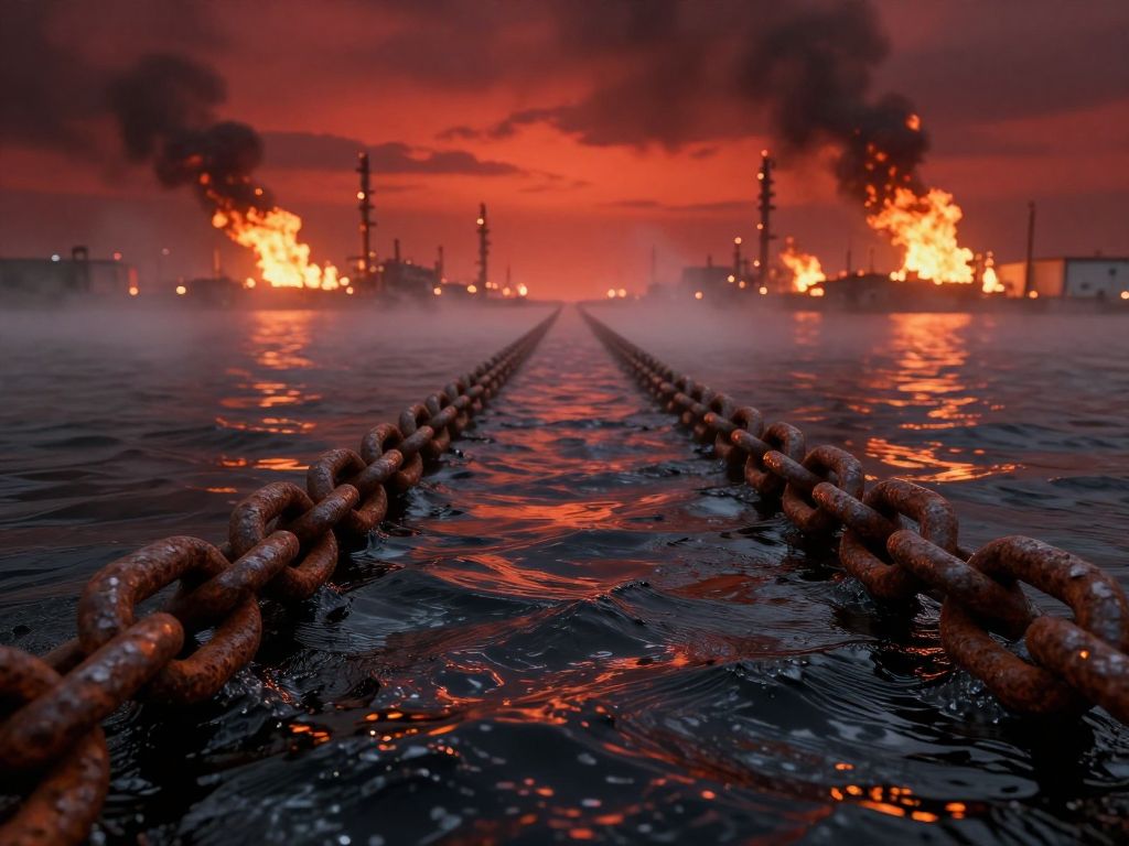 Rusted anchor chain across dark oil-slicked strait, orange refinery flares burning on distant coastlines at dusk