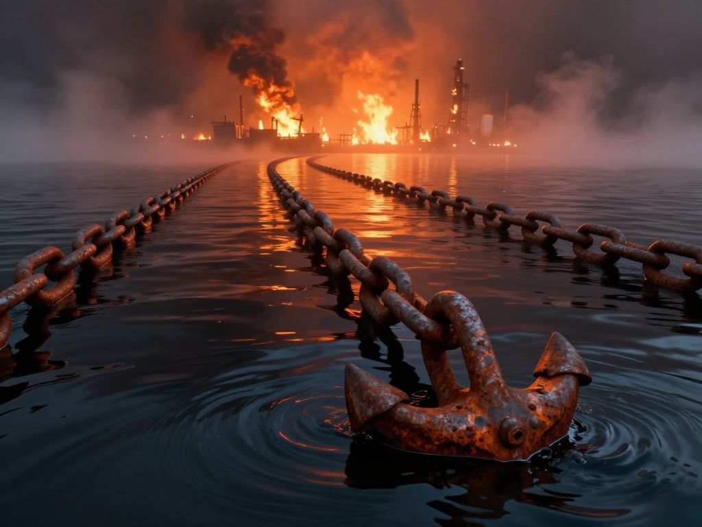 Rusted anchor chain submerged in dark oil-slicked water, distant refinery fires reflecting orange across the strait surface