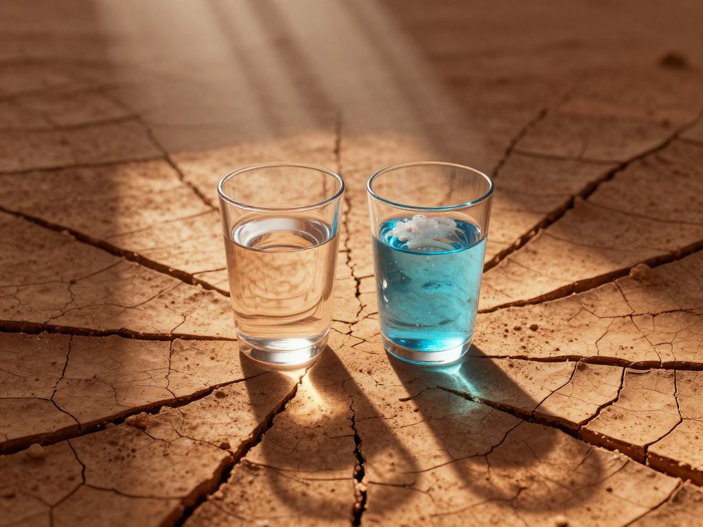 Two glasses on cracked dry earth, one clear water one cloudy with dissolving tablets, surrounded by deep fissures in parched clay