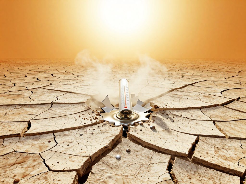 Cracked sun-baked clay earth with a shattered thermometer, mercury pooling into deep fissures under intense heat.