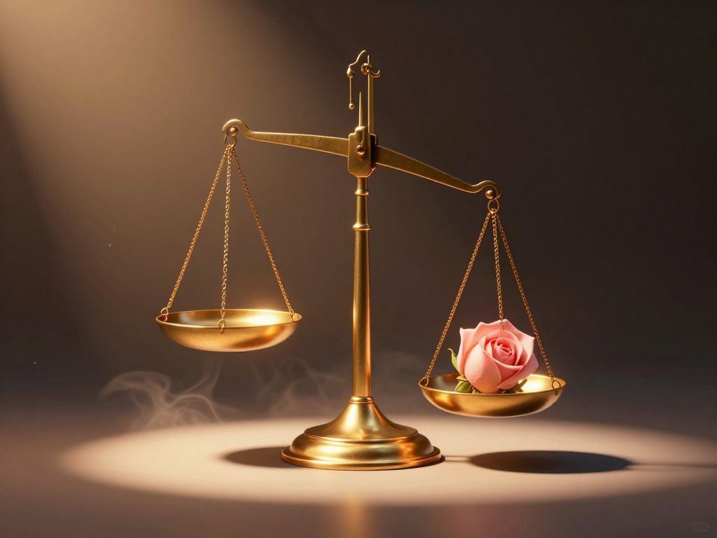 Antique brass balance scale tipped upward, one empty pan rising into warm amber light, the other holding a small closed rosebud.