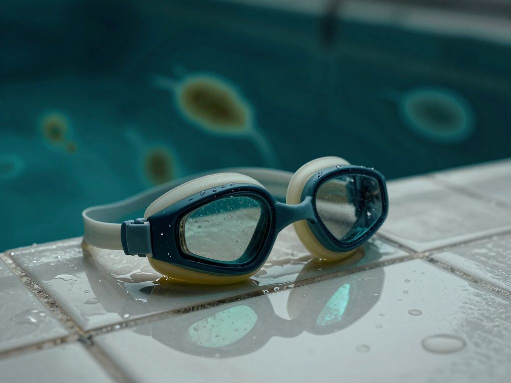Child's swim goggle on wet pool edge above dark turquoise water with blurred tile mosaic below the surface.
