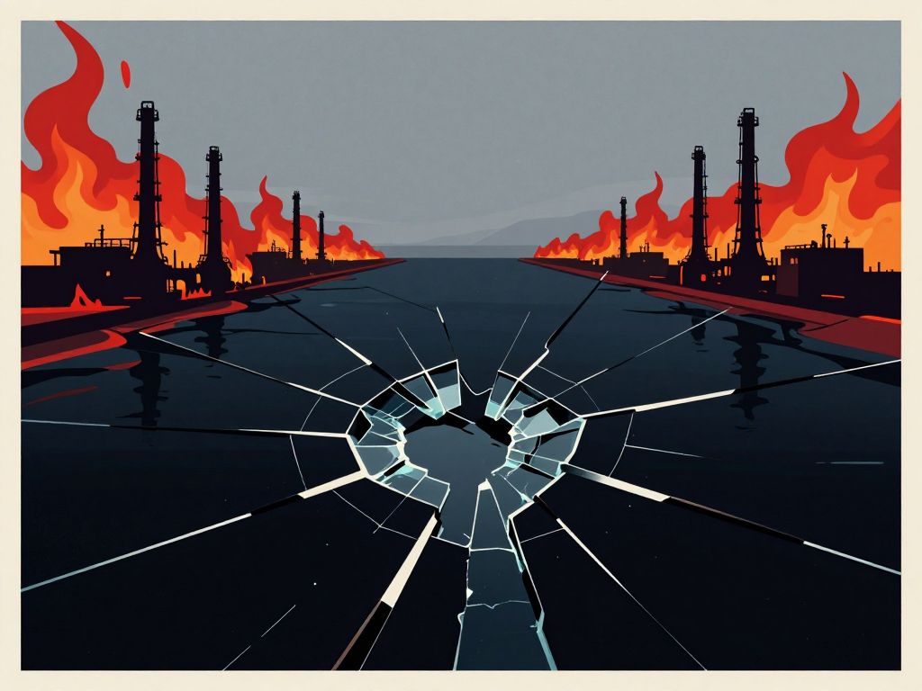 Aerial view of dark oil-slicked strait cracked like broken glass, refinery fires glowing orange on both distant coastlines
