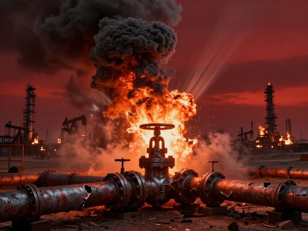 Fractured oil pipeline valve exploding in orange flame and black smoke under a crimson sky with burning refinery towers on the horizon.