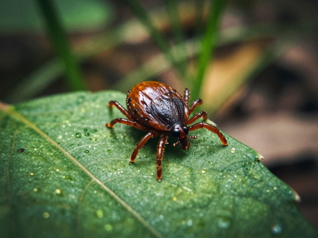 Extreme close-up of an engorged dark tick clinging to a glistening green leaf with blurred undergrowth background