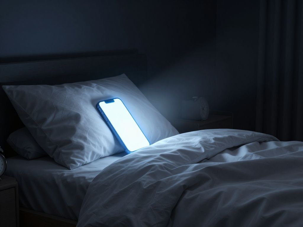 Smartphone glowing blue light on empty rumpled pillow in dark bedroom beside analog clock showing late night hour