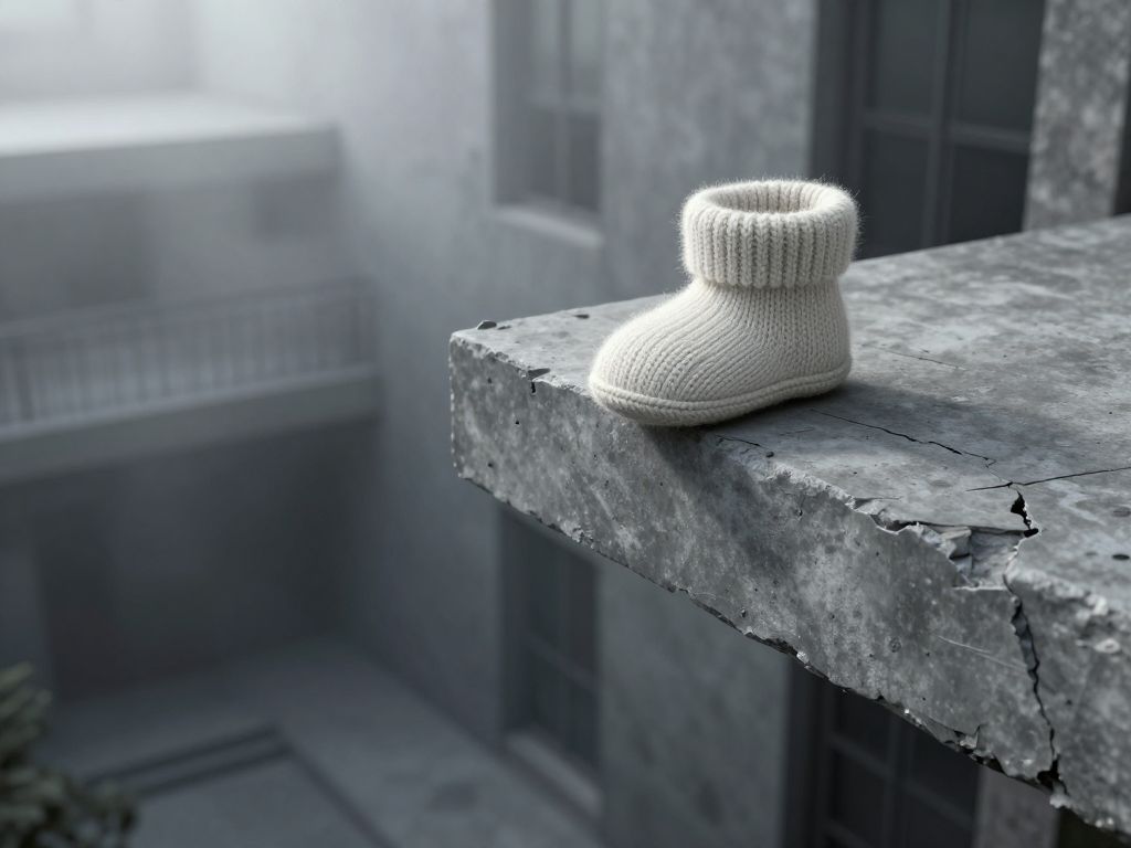 Tiny knitted baby bootie caught on cracked concrete balcony railing, empty courtyard far below, cold grey tones