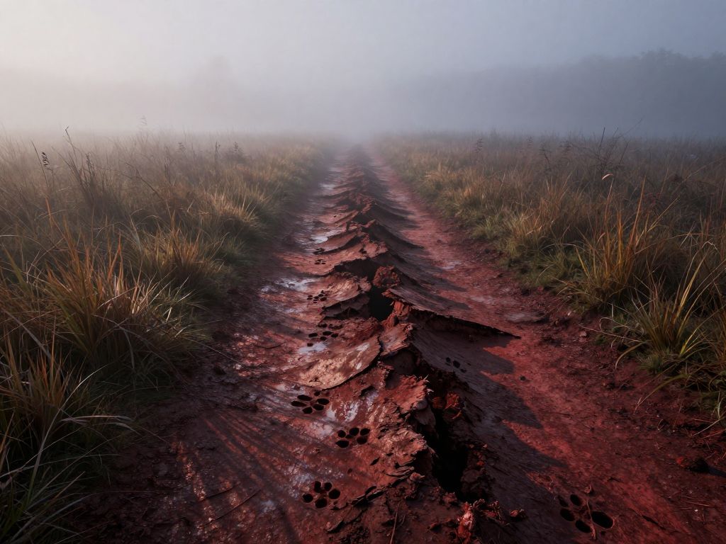 Deep claw marks and paw prints in muddy earth along a foggy overgrown rural meadow path at dawn