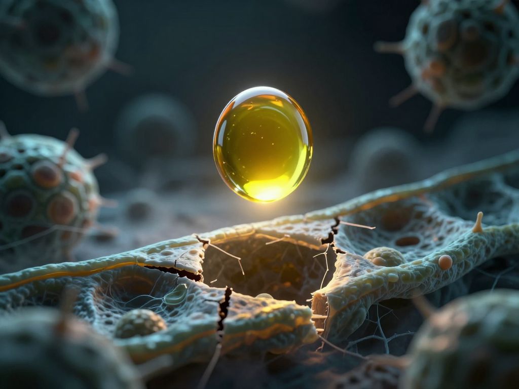 Golden olive oil droplet suspended above cracked dark cellular membrane with fragmented molecular bond structures in background