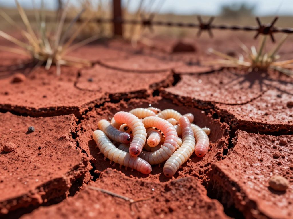 Pale larvae coiled inside a deep fissure in cracked red-brown earth near rusted barbed wire under harsh sunlight