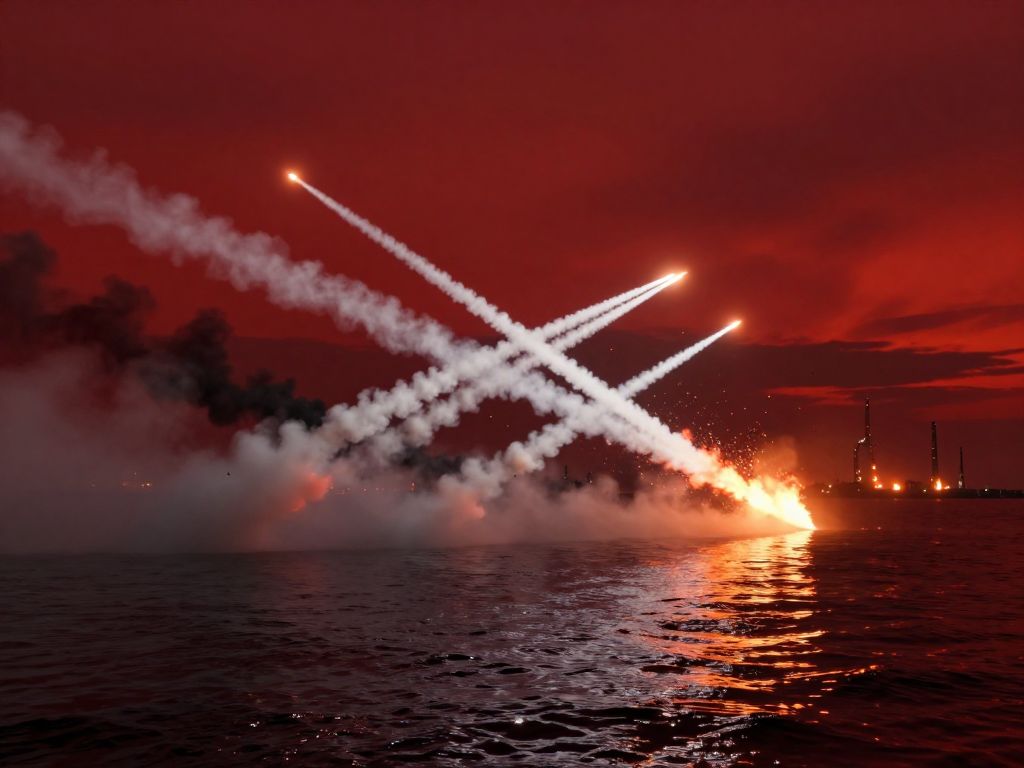 Missile interception trails crossing a crimson twilight sky above dark Gulf waters with distant oil refinery fires glowing orange