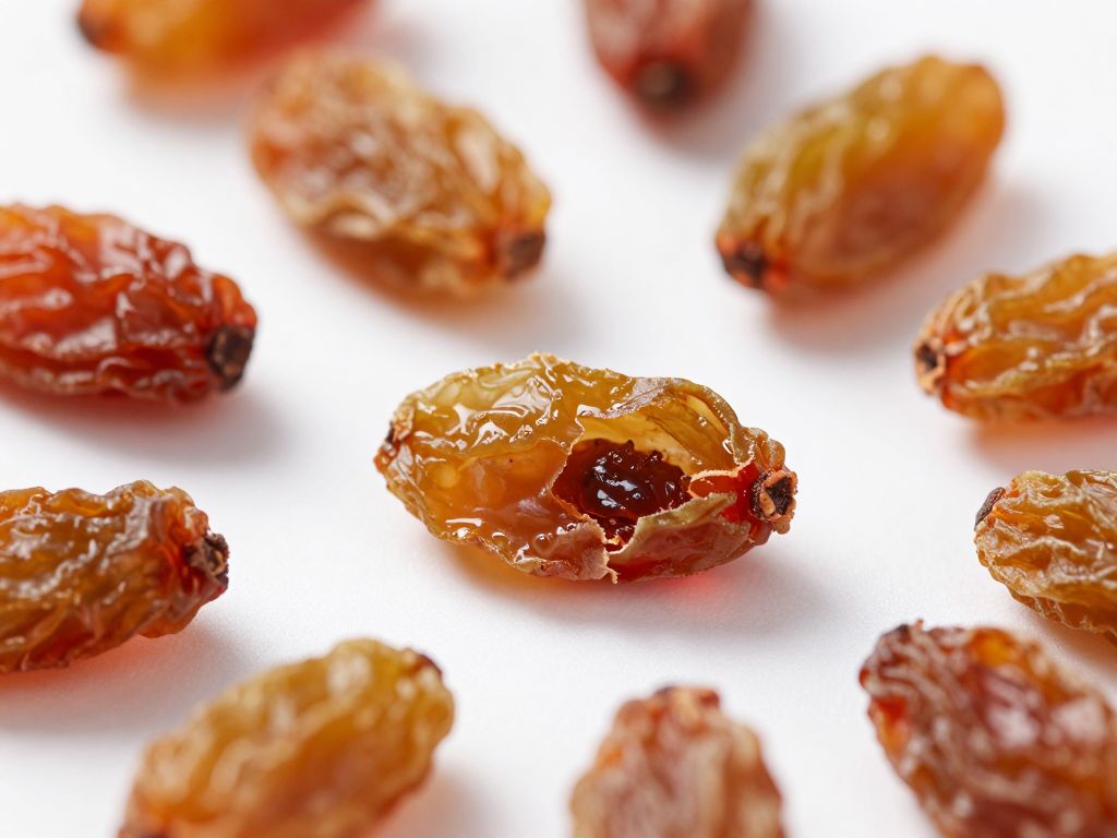 Golden sultana raisins on white surface, one cracked open showing dark interior, clinical inspection setting