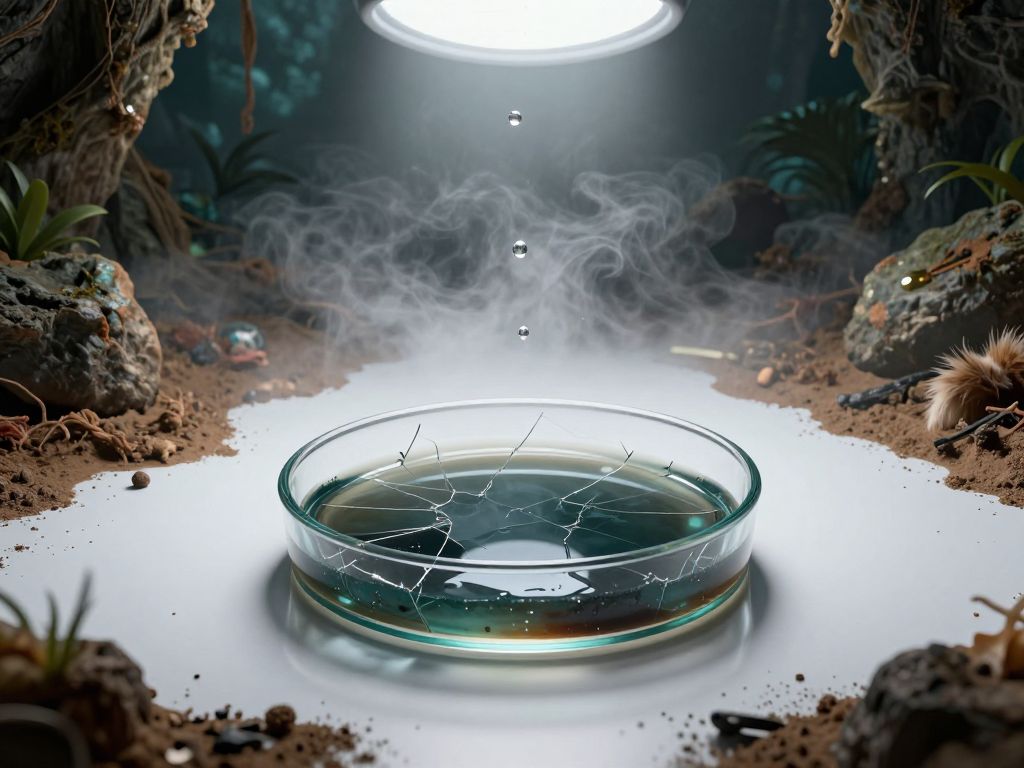 Cracked glass petri dish filled with murky stagnant water on a dark surface with animal fur and cave dust particles nearby