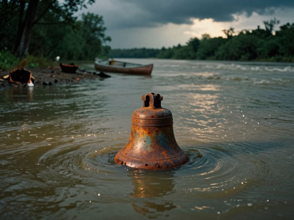 Rusted camp bell half-submerged in dark rising floodwater at a flooded forest campsite, capsized canoe in background