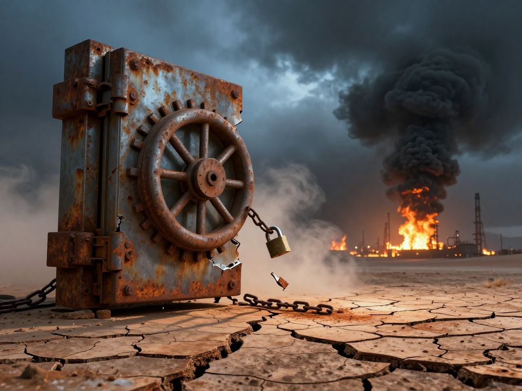 Rusted vault door hanging open over cracked desert, broken chain and padlock, orange smoke from distant oil fires on dark horizon