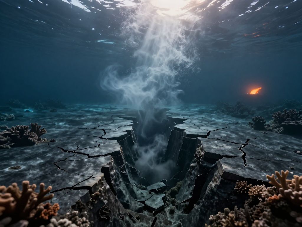 Fractured ocean floor with radiating tectonic cracks and upwelling sediment clouds beneath churning dark wave surge