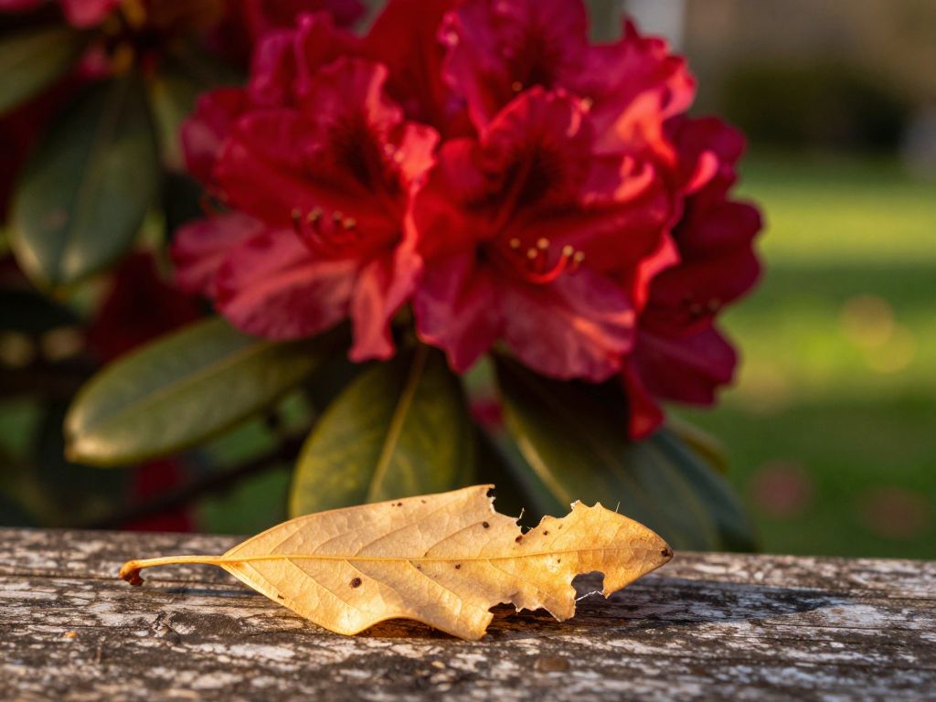 Close-up of glossy rhododendron leaves and crimson blooms, a torn leaf fragment resting on weathered wood below.