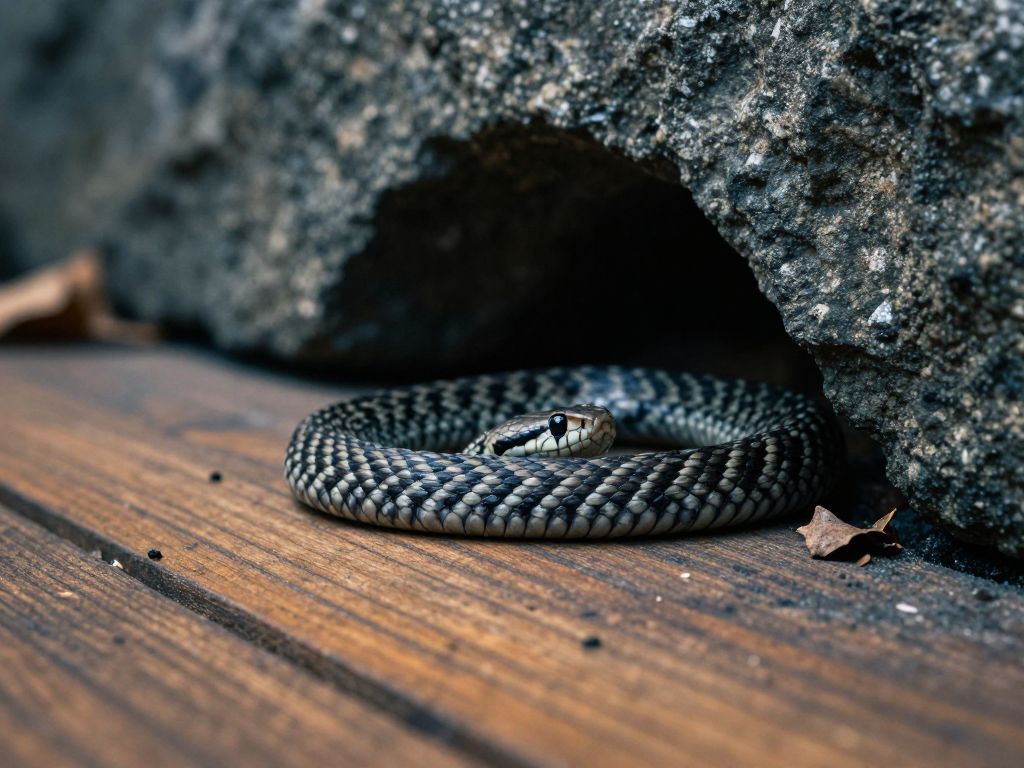 Coiled viper with zigzag markings resting on weathered wooden floorboards beside a dark crack in a stone wall