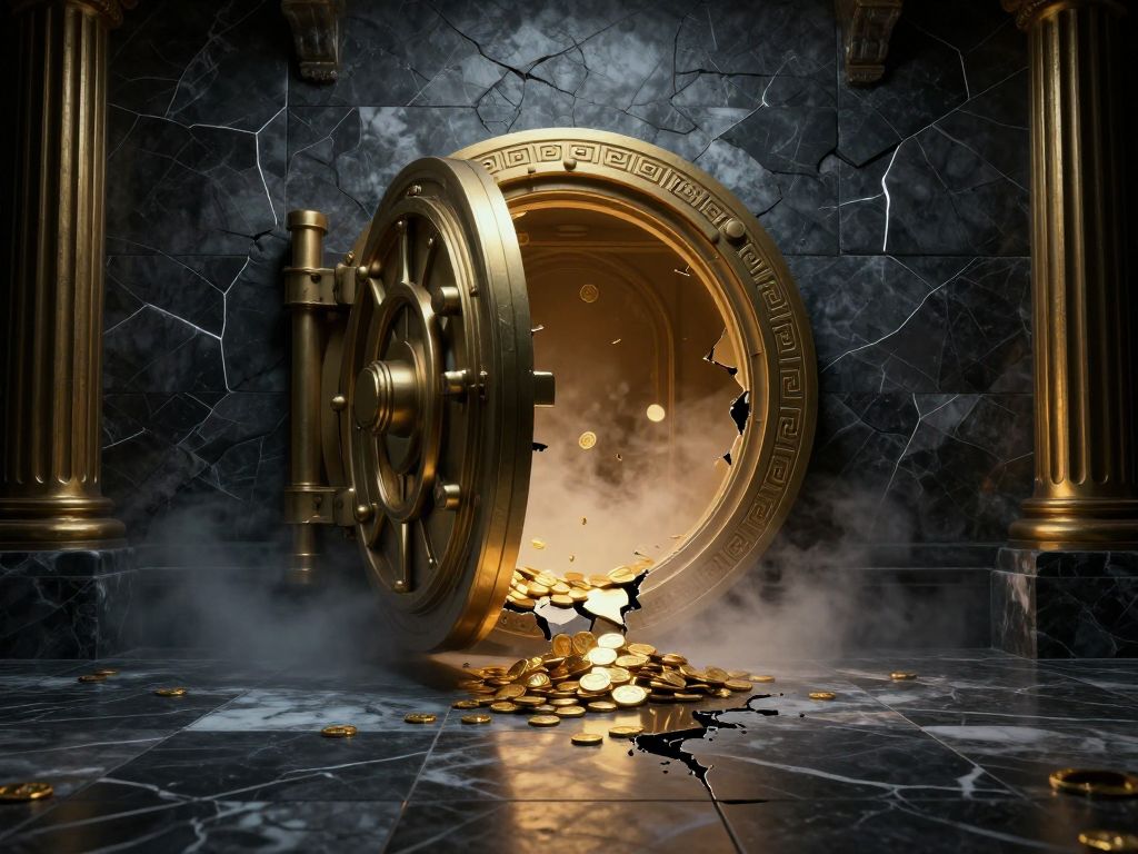 Cracked ornate vault door open over shattered marble floor, gold coins spilling into a spreading dark stain below