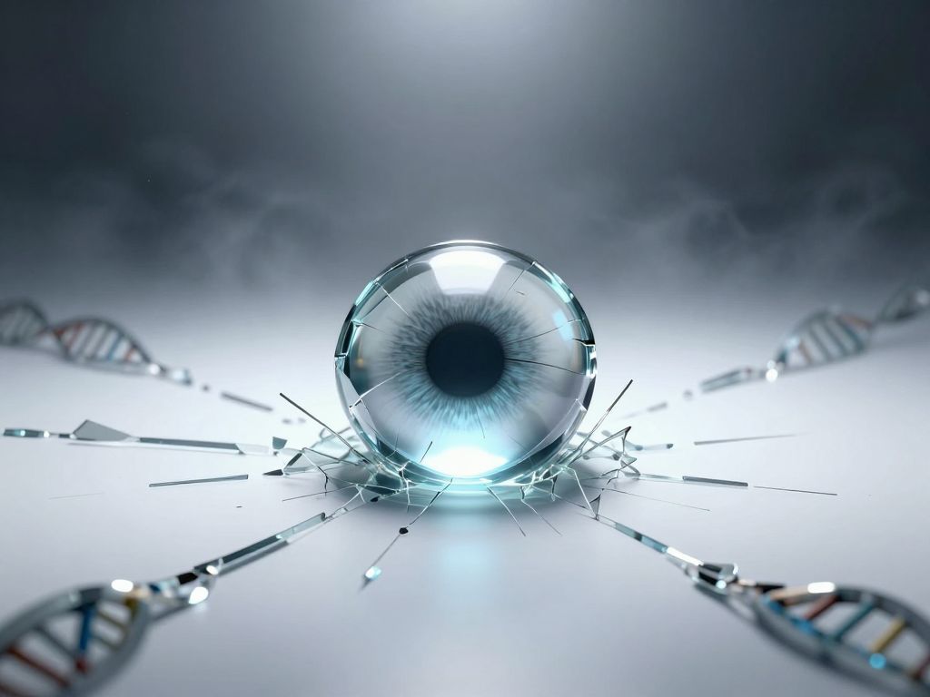 Shattered glass lens centered amid radiating cracks on white clinical surface with DNA fragments dissolving into deep surrounding shadow.