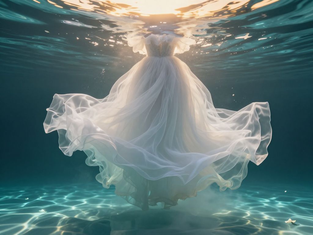 White wedding dress submerged in turquoise pool, fabric billowing upward toward surface, white petals floating nearby