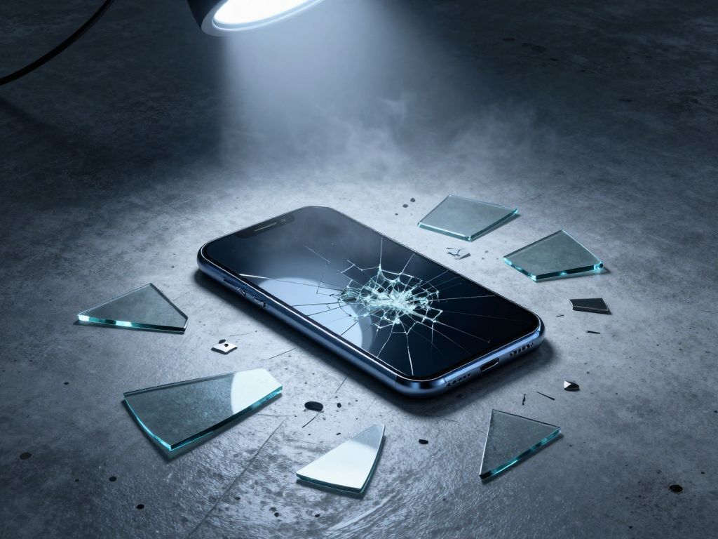Dark locked smartphone on cold concrete floor surrounded by shattered glass fragments and scattered metal tools