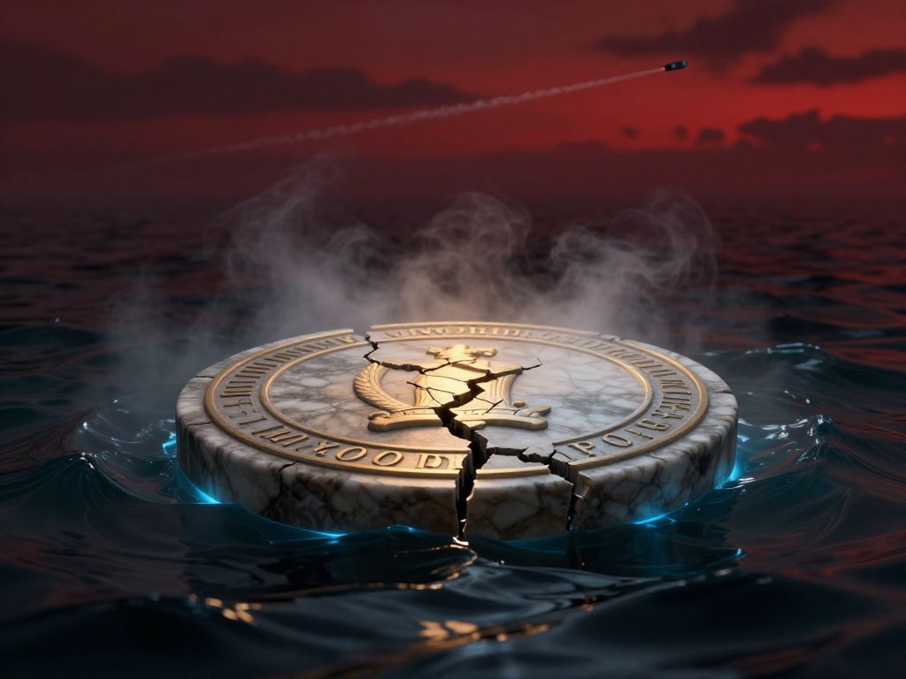Cracked stone medallion split over dark churning strait waters under a blood-red sky with fading missile smoke trails