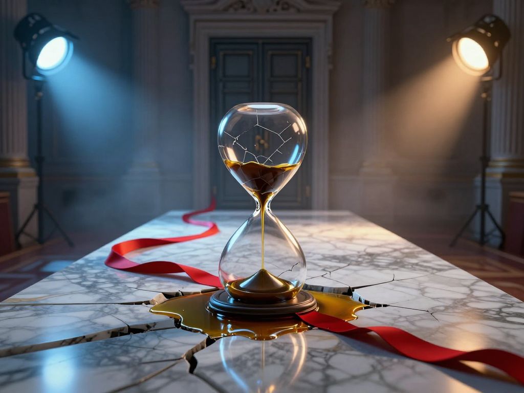 Cracked hourglass leaking dark oil onto fractured marble, red ribbon trailing toward a sealed iron door in a grand chamber.