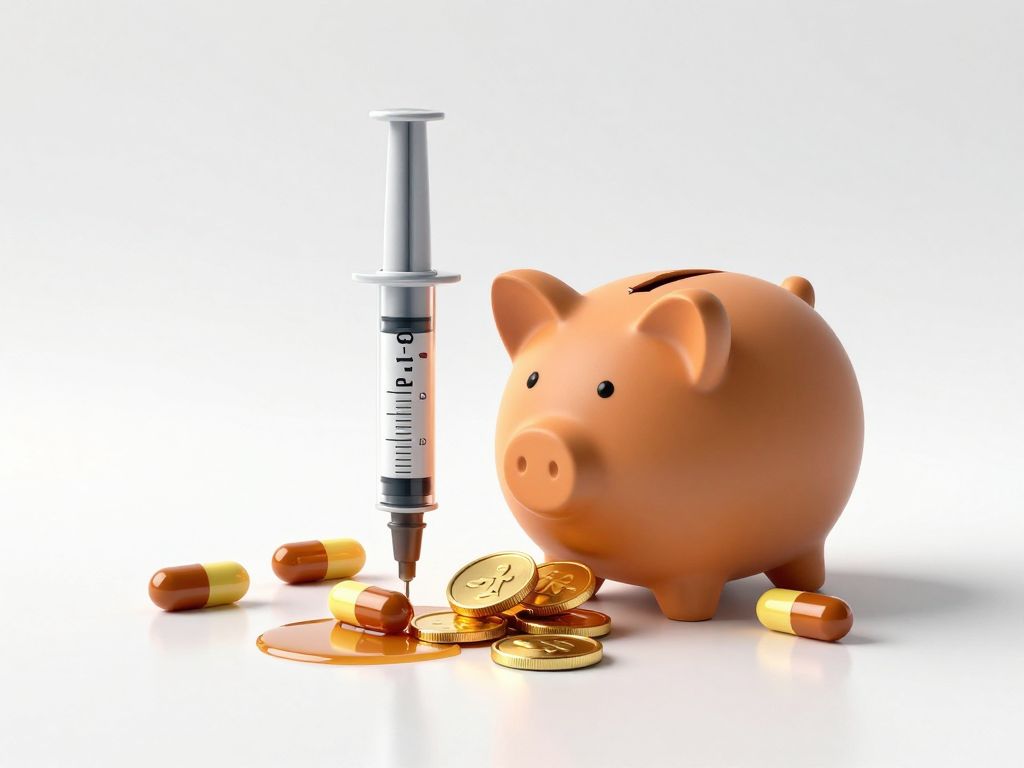 Injection pen beside cracked piggy bank with scattered pill capsules on white clinical surface, amber liquid pools nearby