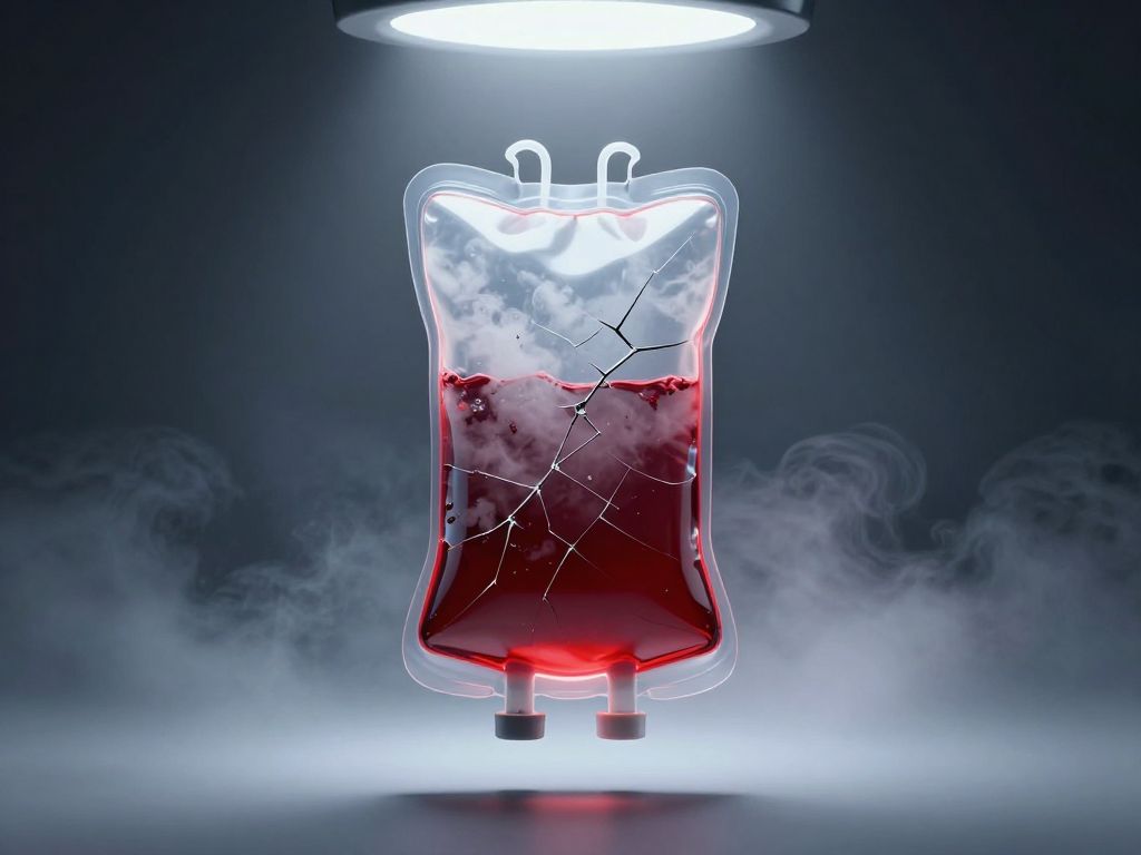 Cracked IV infusion bag with cloudy swirling liquid, hairline fractures radiating from puncture point against dark background