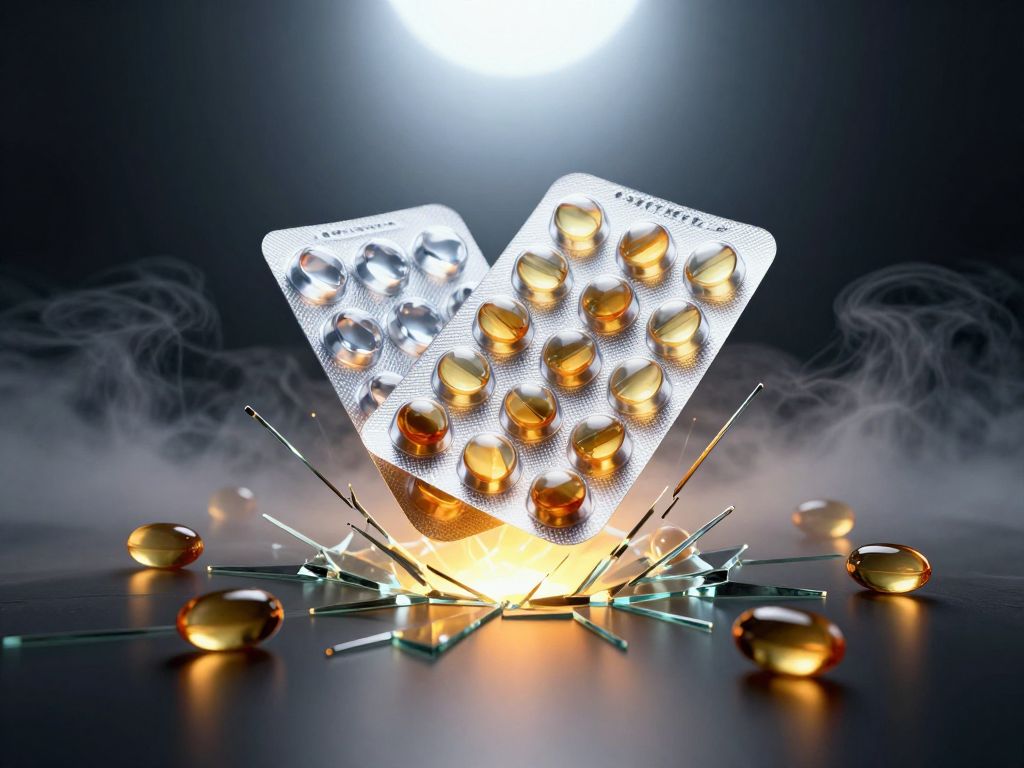 Empty blister pack and scattered pills on cracked glass, lit by cold amber glow from below in darkness.