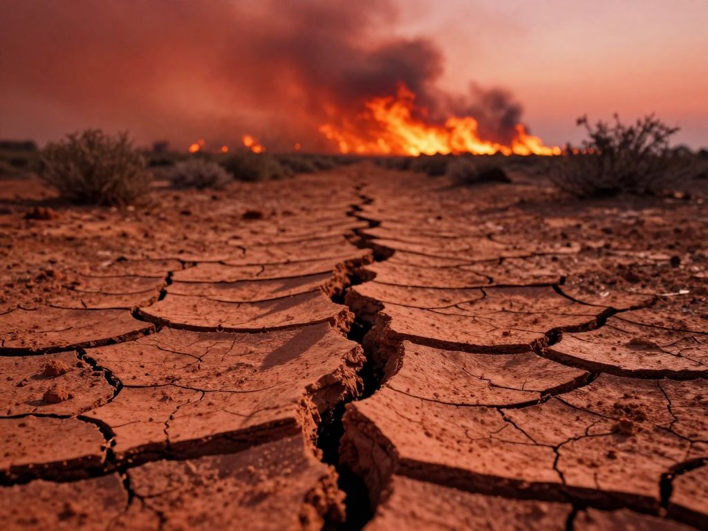 Cracked dry earth in foreground with orange wildfire glow consuming a treeline under a thick smoke-filled crimson sky