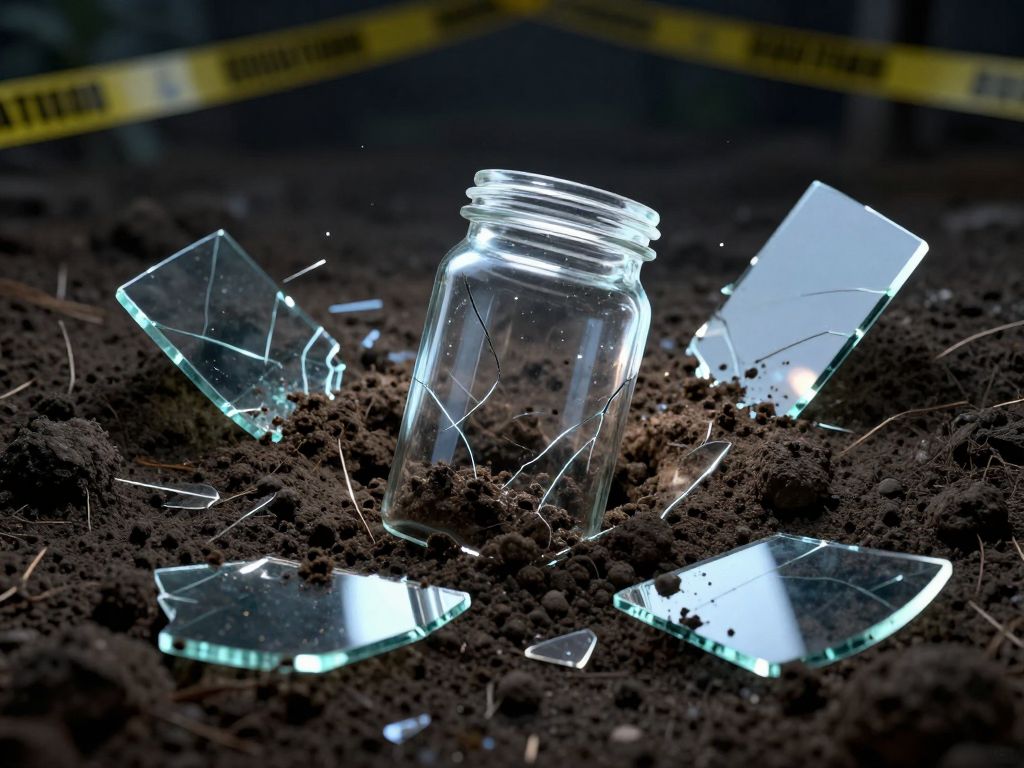 Cracked glass specimen jar half-buried in dark disturbed soil, broken microscope slides scattered around it under cold light
