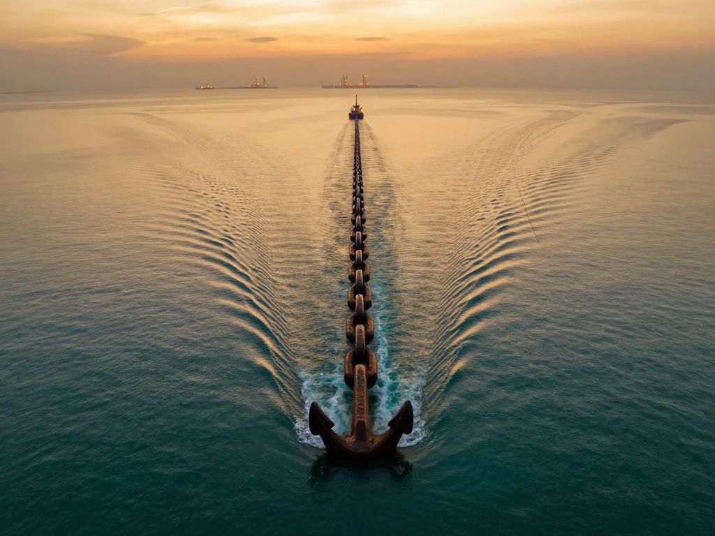 Heavy anchor chain descending into calm turquoise strait waters at dawn, distant oil refinery flares dimming on the horizon.