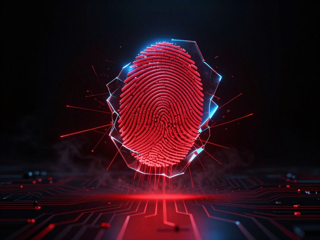 Cracked digital fingerprint fragmenting into glowing red data threads over a dark circuit grid background